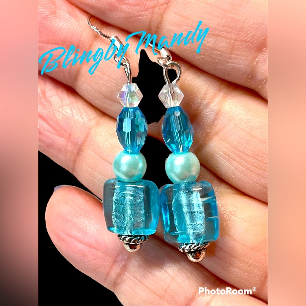 Gorgeous aquamarine -March birthday glass and sterling earrings